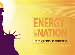 [ai] Image of a book cover titled "Energy of a Nation: Immigrants in America, Third Edition." Features a stylized depiction of the Statue of Liberty and a gradient yellow background.